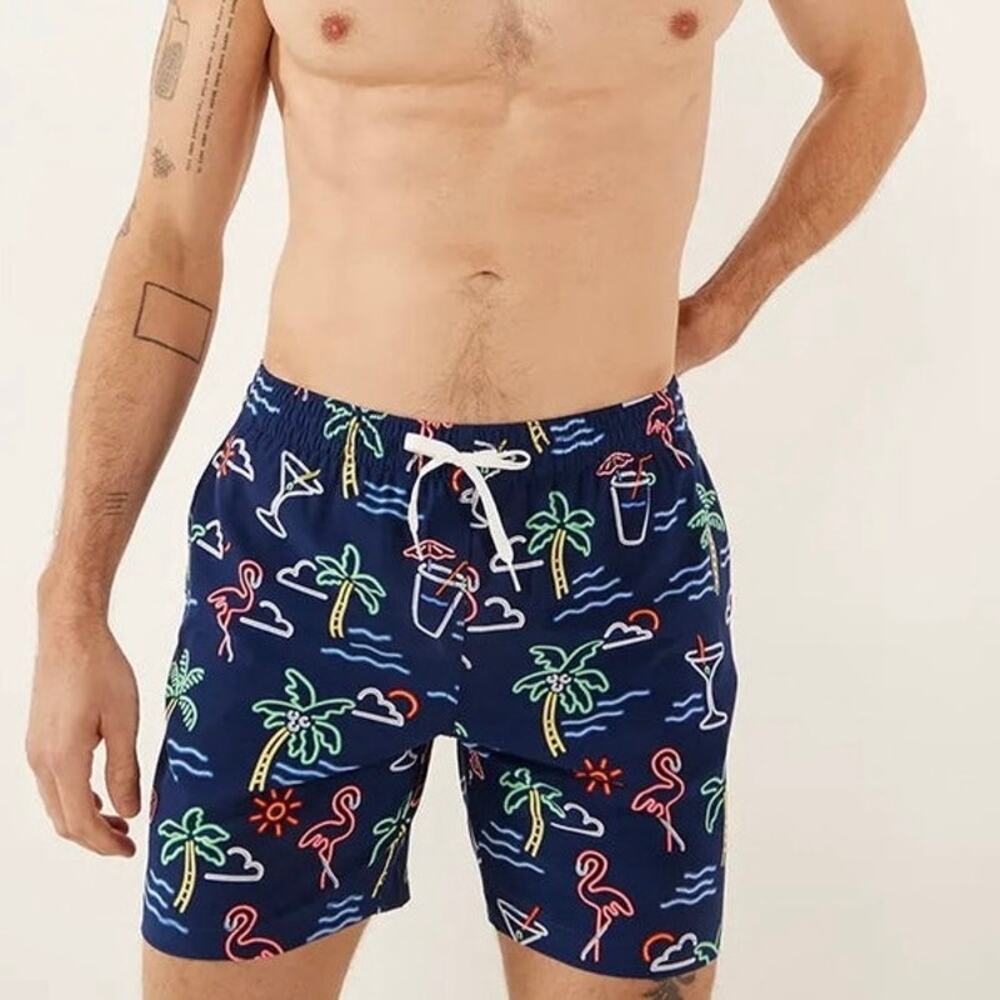 Men’s Chubbies Navy Blue Neon Glades Sz M Swim Trunks 7” Liner Summer Preppy